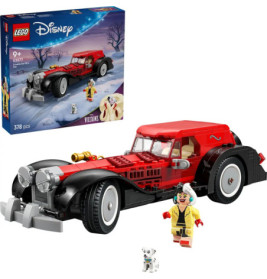 LEGO Disney Villains Set mit rot-schwarzem Auto, Cruella-Minifigur, Dalmatiner und Verpackung.