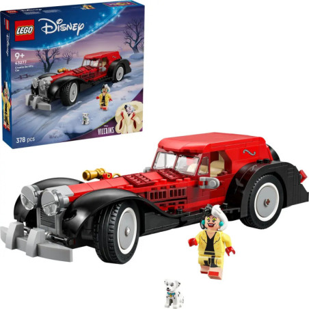 LEGO Disney Villains Set mit rot-schwarzem Auto, Cruella-Minifigur, Dalmatiner und Verpackung.