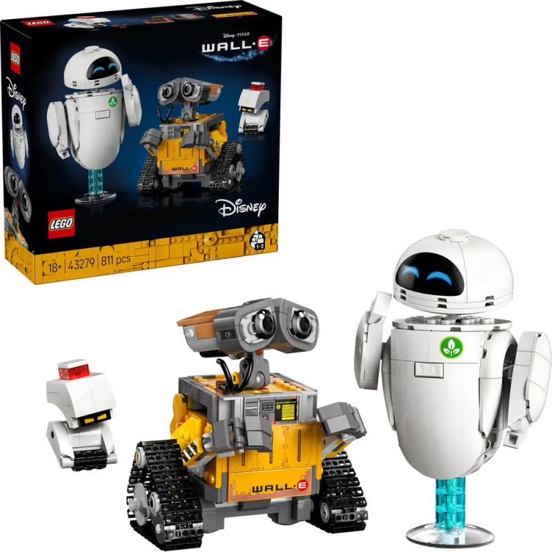 LEGO-Figuren von WALL-E und EVE mit Box und Zubehör auf weißem Hintergrund.