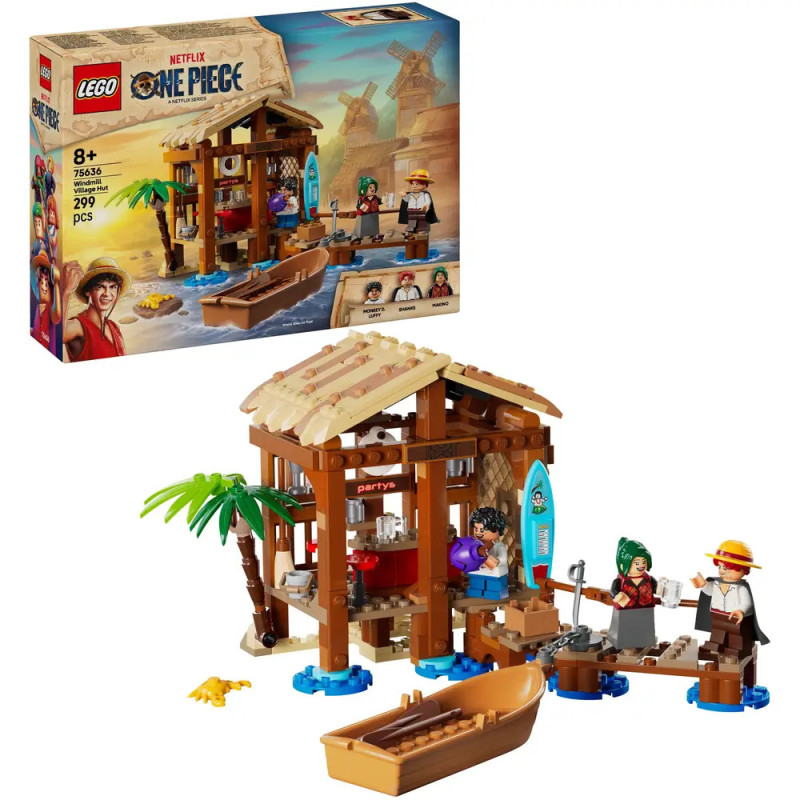 LEGO One Piece Set: Hütte, Boot, Palme und drei Minifiguren am Strand, Box im Hintergrund.
