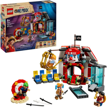 LEGO One Piece Set mit Minifiguren, Zirkusarena und Riesenrad Verpackung im Hintergrund.