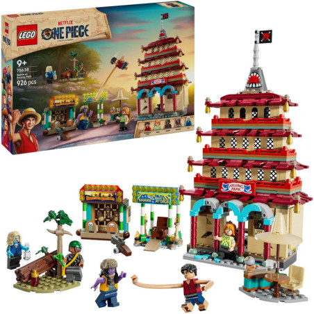 LEGO One Piece Set mit Pagode, Marktständen, Minifiguren und lebendiger Szene auf dem Karton.