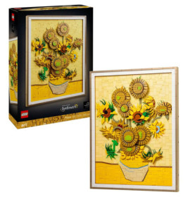 LEGO-Set: 3D-Sonnenblumen in Vase, inspiriert von Van Gogh, mit abgebildeter Verpackung.