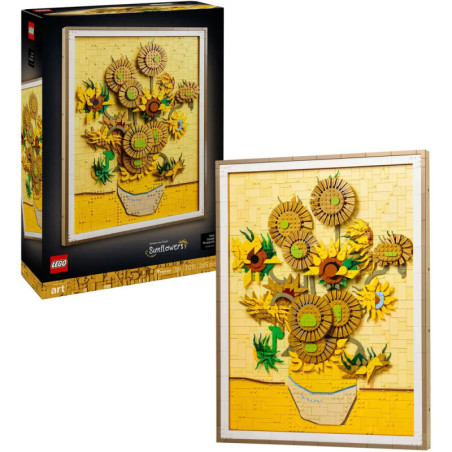 LEGO-Set: 3D-Sonnenblumen in Vase, inspiriert von Van Gogh, mit abgebildeter Verpackung.
