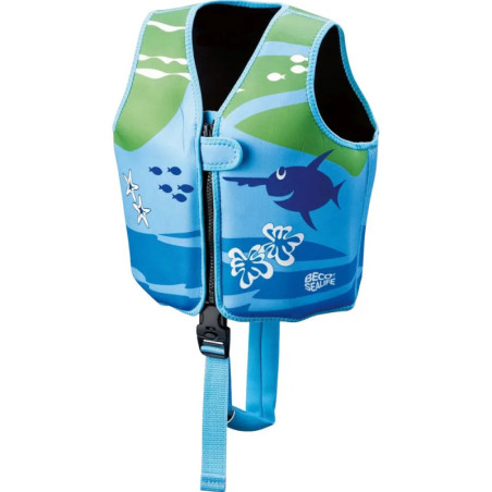Blau-grüne Kinder-Schwimmweste mit Fisch- und Algenmotiv, Frontreißverschluss und Sicherheitsgurt. Blau-grüne Kinder-Schwimmweste mit Fisch- und Algenmotiv, Frontreißverschluss und Sicherheitsgurt.