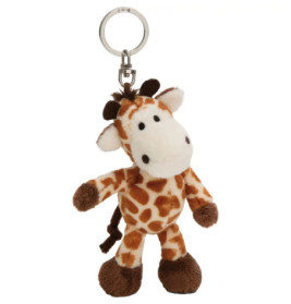 Plüsch-Giraffenanhänger mit braunen Flecken und Metallring am Kopf.