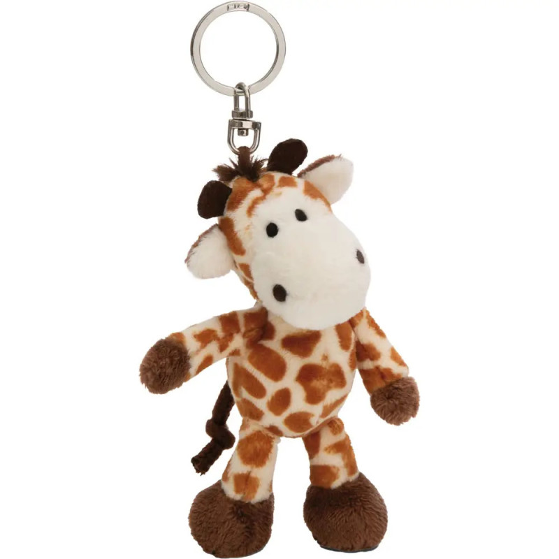 Plüsch-Giraffenanhänger mit braunen Flecken und Metallring am Kopf.