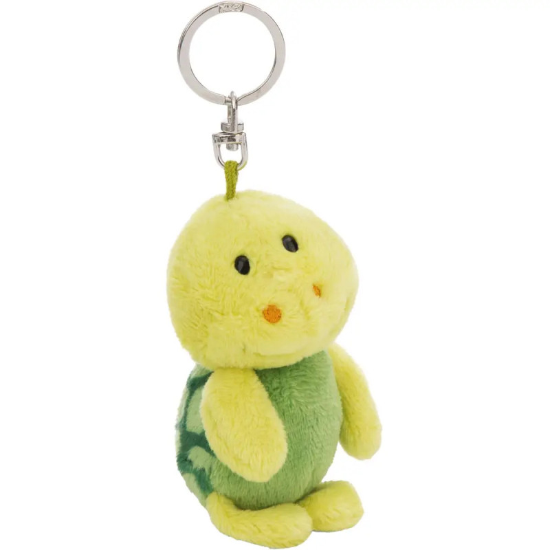 Grüner und gelber Plüschschildkröten-Schlüsselanhänger mit silbernem Ring, nach vorne gerichtet.