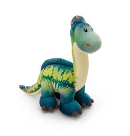 Plüsch-Dinosaurier in Blau, Grün und Gelb steht auf vier Beinen vor weißem Hintergrund.