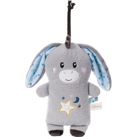Graues Plüsch-Esel-Spielzeug mit langen Ohren, Stern- und Mondsymbolen, hängt an schwarzer Schnur.