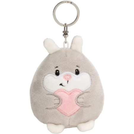 Grauer Plüschhasen-Schlüsselanhänger mit rosa Herz und leicht traurigem, niedlichem Gesicht.