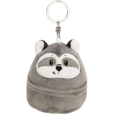 Plüsch-Waschbär-Schlüsselanhänger mit grau-weißem Fell, schwarzen Augen und kleinen Ohren.