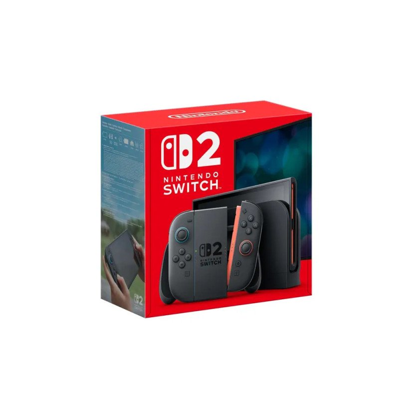 Nintendo Switch Verpackung mit rotem Hintergrund, auf der Vorderseite die Konsole und Controller abgebildet.