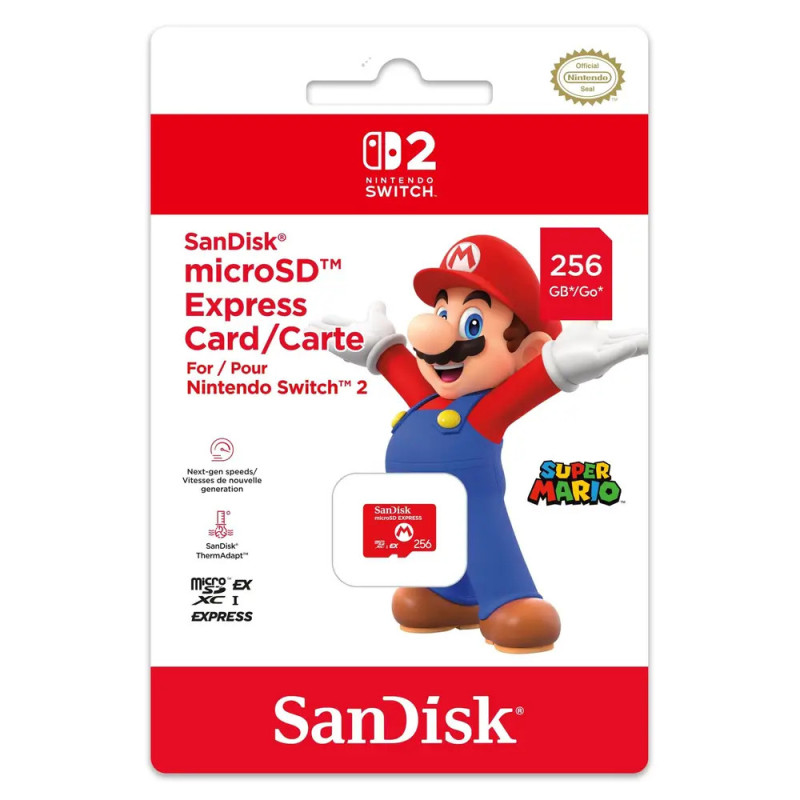 SanDisk microSD Express Card 256GB für Nintendo Switch mit Mario-Motiv auf der Verpackung.