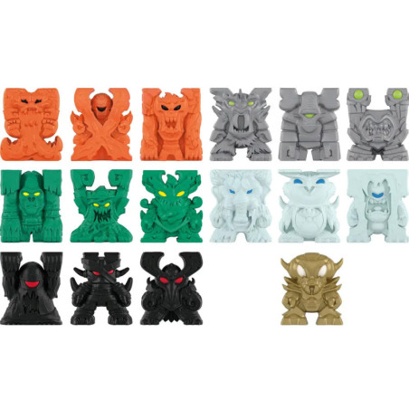 Vierzehn bunte, stilisierte Monsterfiguren stehen in zwei Reihen vor weißem Hintergrund.