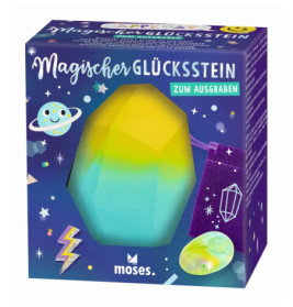 Box Magischer Glücksstein, gelb-blauer Edelstein, Planeten und Sterne auf lila Hintergrund.