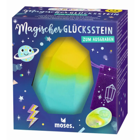 Box Magischer Glücksstein, gelb-blauer Edelstein, Planeten und Sterne auf lila Hintergrund.
