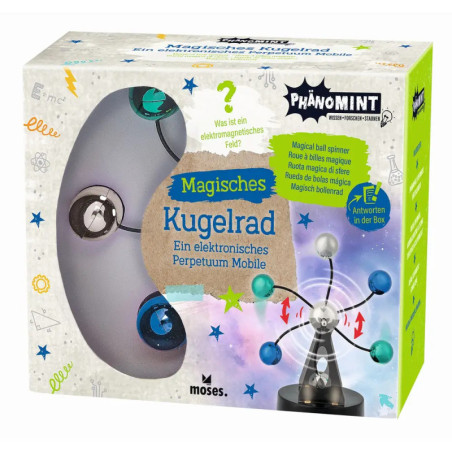 Schachtel des Magischen Kugelrad-Spielzeugs mit bunten Kugeln und wissenschaftlich inspiriertem Design.