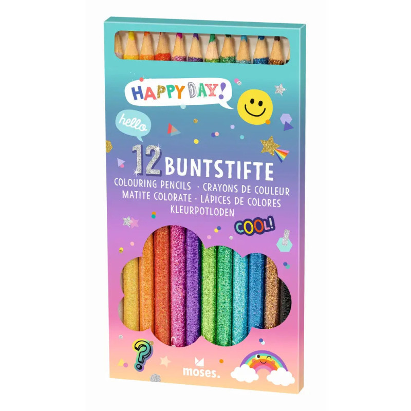Schachtel mit 12 bunten Glitzerstiften, Aufdruck Happy Day! und verspielten Mustern sowie fröhlichem Text.