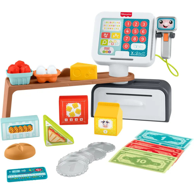 Spielkasse mit Spielgeld, Lebensmitteln und Scanner auf einer Theke. Spielkasse mit Spielgeld, Lebensmitteln und Scanner auf einer Theke.