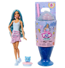 Barbie-Puppe mit blauen Haaren, kleinem blauen Haustier und eisförmigem Überraschungsbehälter.