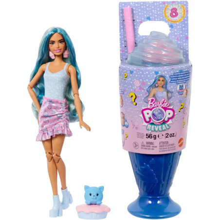 Barbie-Puppe mit blauen Haaren, kleinem blauen Haustier und eisförmigem Überraschungsbehälter.