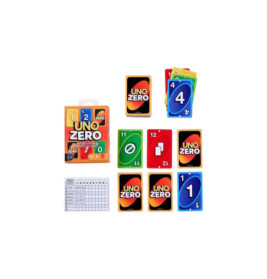 UNO Zero Kartenspiel mit bunten Karten, Spielbox und Wertungsblatt auf weißem Hintergrund.