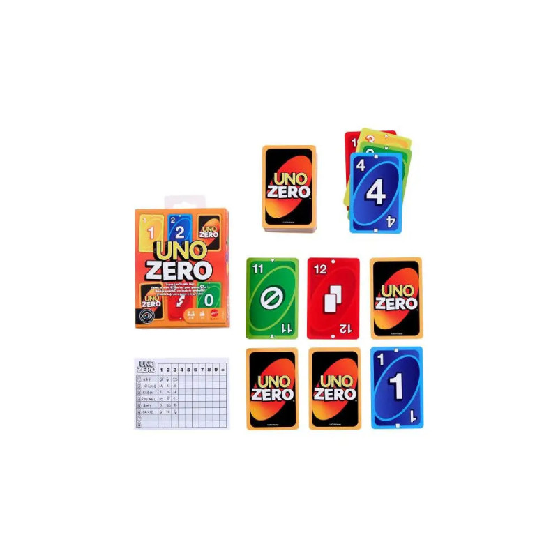 UNO Zero Kartenspiel mit bunten Karten, Spielbox und Wertungsblatt auf weißem Hintergrund.