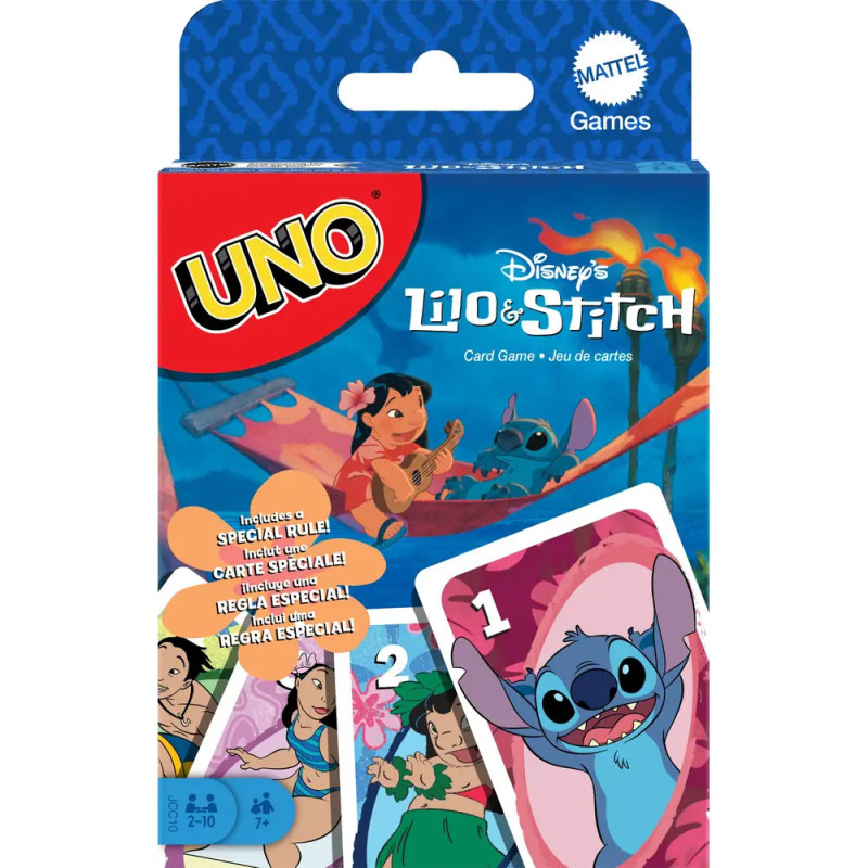 UNO-Spielbox mit Lilo & Stitch-Motiven und bunten Karten auf der Vorderseite. UNO-Spielbox mit Lilo & Stitch-Motiven und bunten Karten auf der Vorderseite.