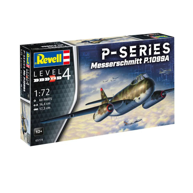 Revell P-Series Messerschmitt P.1099A Modellbausatz mit gezeichnetem WWII-Flugzeug auf dem Karton.
