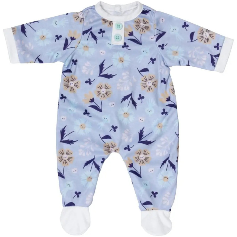 Hellblauer Baby-Strampler mit langen Ärmeln, Fußteil und beigem-navy Blumenmuster.
