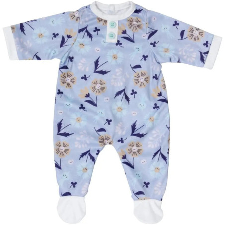 Hellblauer Baby-Strampler mit langen Ärmeln, Fußteil und beigem-navy Blumenmuster.