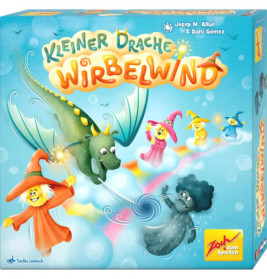 Auf der Spieleschachtel Kleiner Drache Wirbelwind wirbeln Drache und Zauberer in einer Wolke.