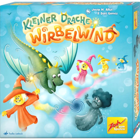 Auf der Spieleschachtel Kleiner Drache Wirbelwind wirbeln Drache und Zauberer in einer Wolke.