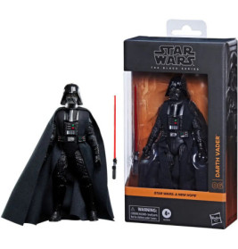 Darth Vader Actionfigur mit rotem Lichtschwert neben der Verpackung der Black Series von Star Wars.