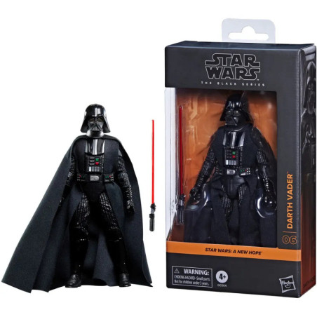 Darth Vader Actionfigur mit rotem Lichtschwert neben der Verpackung der Black Series von Star Wars.