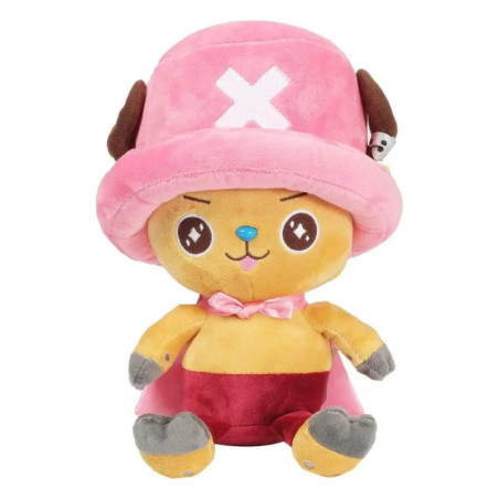 Plüschfigur von Tony Tony Chopper aus One Piece mit rosa Hut (weißes X) und rosa Umhang.