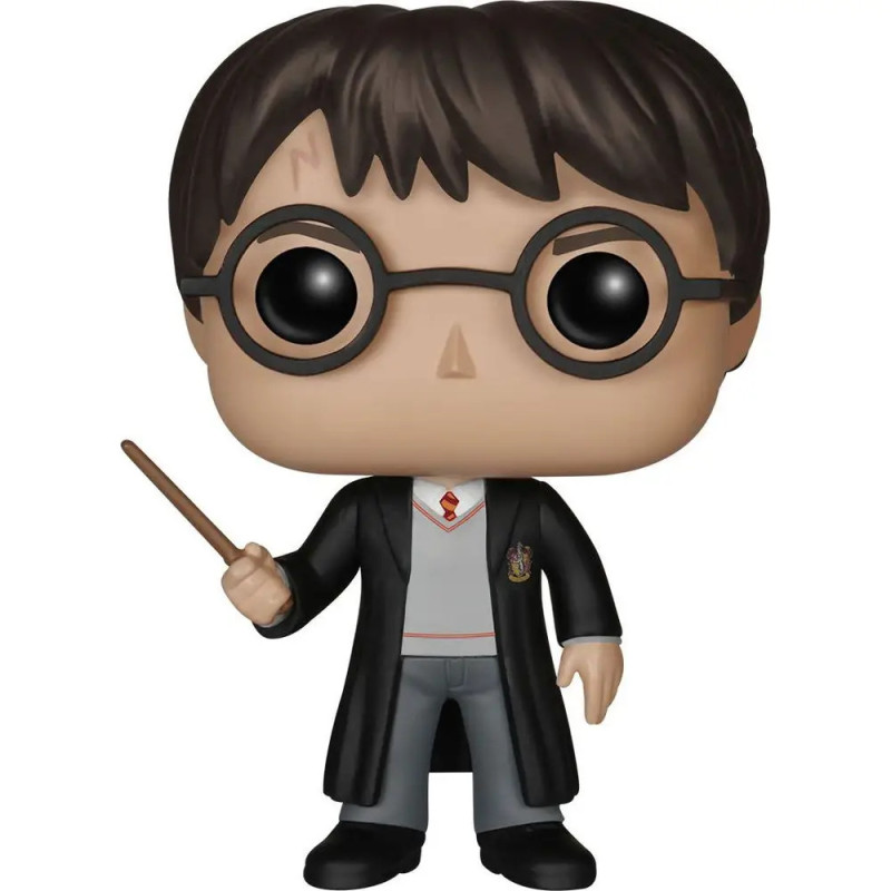 Funko Pop Figur eines Zauberjungen mit Brille, Narbe, Zauberstab und Hogwarts-Uniform.