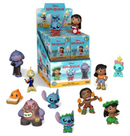 Funko POP! MM Lilo & Stitch Figuren um eine Box mit bunten Charakteren ausgestellt.