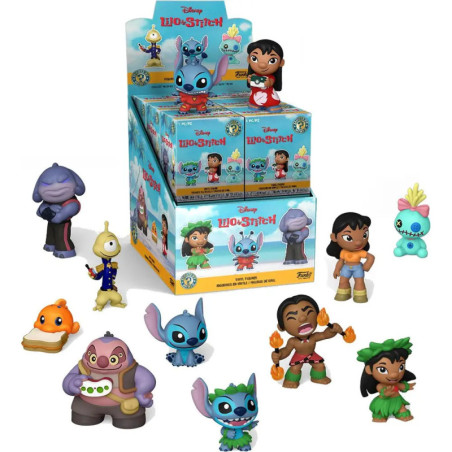 Funko POP! MM Lilo & Stitch Figuren um eine Box mit bunten Charakteren ausgestellt.
