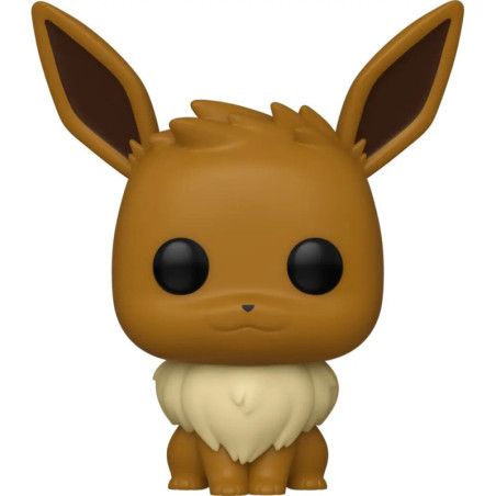 Funko Pop Vinylfigur von Pokémon Eevee mit großen Ohren, schwarzen Augen und cremefarbenem Fellkragen.