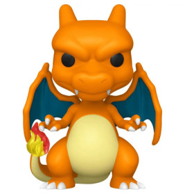 Funko Pop Figur von Glurak, einem orangenen Drachen-Pokémon mit blauen Flügeln und Flammenschwanz.