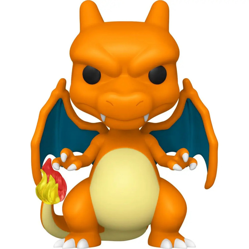 Funko Pop Figur von Glurak, einem orangenen Drachen-Pokémon mit blauen Flügeln und Flammenschwanz.