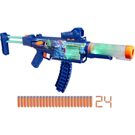 Blauer und oranger Nerf-Blaster mit transparenten Teilen, gebogenem Magazin und 24 Schaumstoffpfeilen.