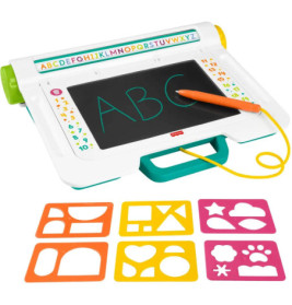 Zeichenbrett für Kinder mit Schablonen, Stift, Alphabet-Buchstaben und sechs bunten Form-Schablonen.