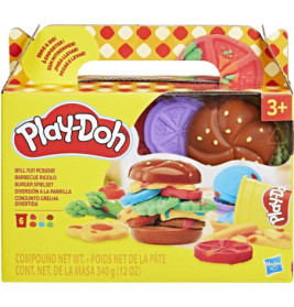 Play-Doh Grill Fun Playset mit Verpackung, Burger, Pommes und Formen abgebildet.