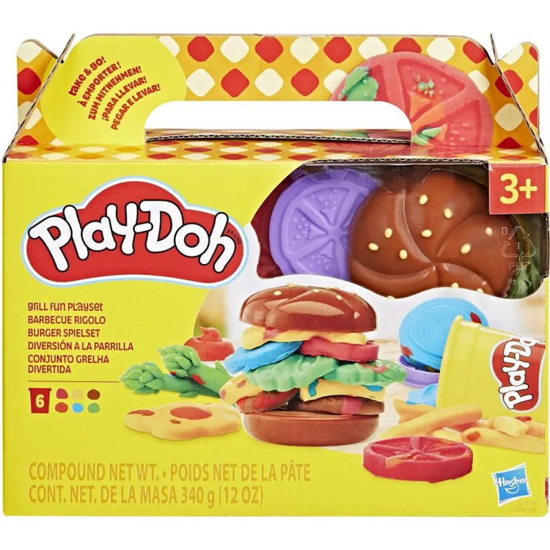 Play-Doh Grill Fun Playset mit Verpackung, Burger, Pommes und Formen abgebildet. Play-Doh Grill Fun Playset mit Verpackung, Burger, Pommes und Formen abgebildet.