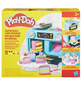 Play-Doh Super Slice Cake Playset: Verpackung mit Spielkuchen, Ofen und Zubehör auf der Vorderseite.