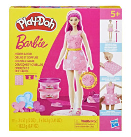 Play-Doh Barbie Herzen & Haare Set: Box mit Barbie-Puppe, Play-Doh-Dosen und herzförmigen Förmchen.