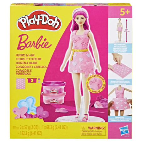 Play-Doh Barbie Herzen & Haare Set: Box mit Barbie-Puppe, Play-Doh-Dosen und herzförmigen Förmchen.